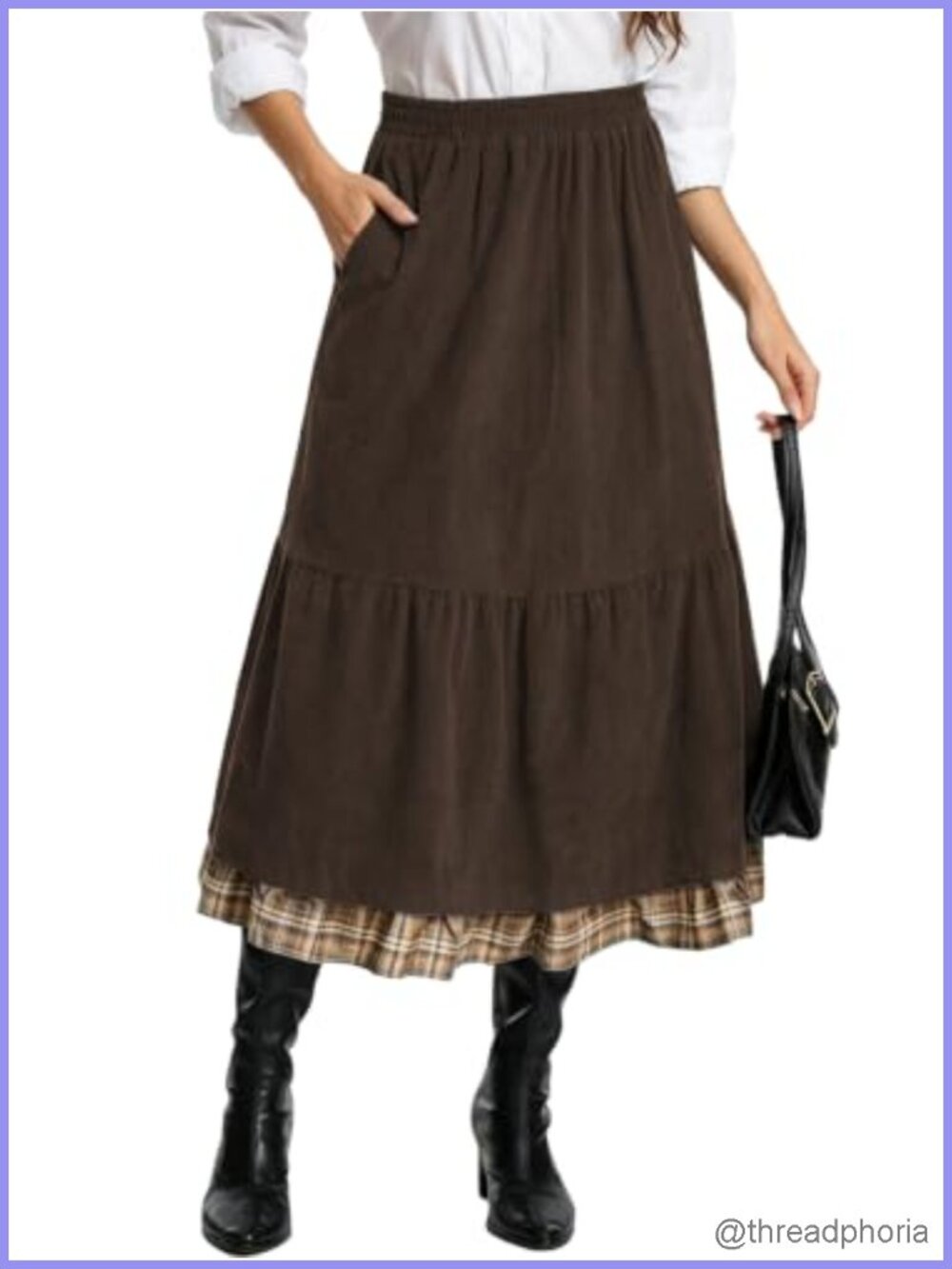 Women's Corduroy Midi Plaid Flare A-Line Long Skirt with Pockets